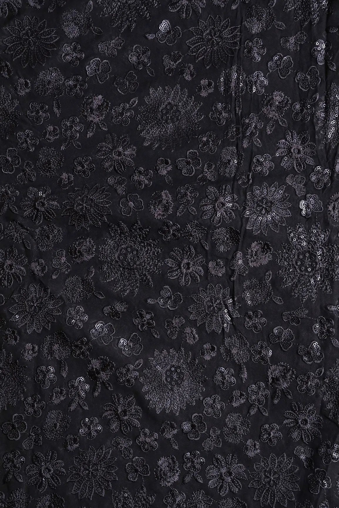 AIzaSyBcstauz-XMPRhEY21AUzeo032pxrXB5Ug - Black Thread With Black Sequins Floral Embroidery Work On Black Viscose Georgette Fabric