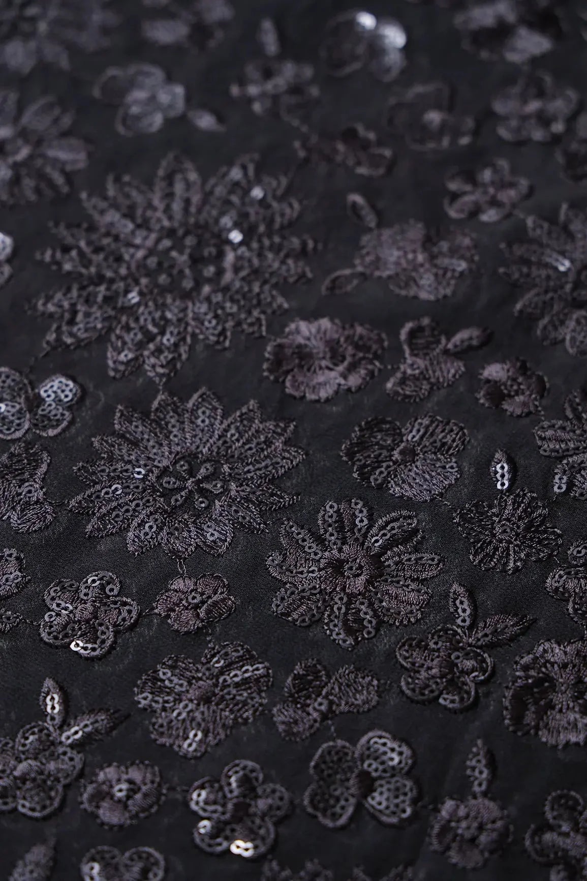 AIzaSyBcstauz-XMPRhEY21AUzeo032pxrXB5Ug - Black Thread With Black Sequins Floral Embroidery Work On Black Viscose Georgette Fabric