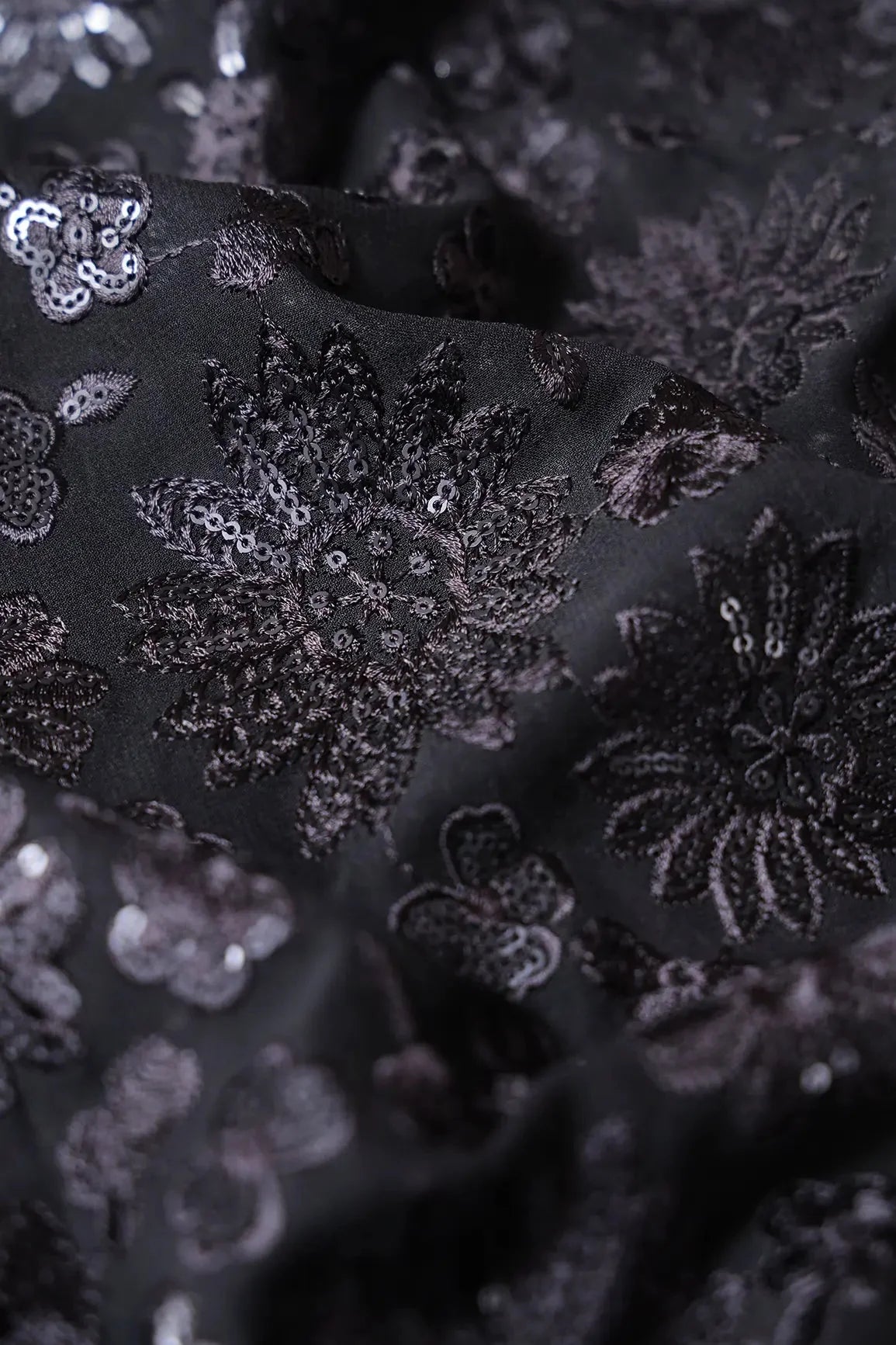 AIzaSyBcstauz-XMPRhEY21AUzeo032pxrXB5Ug - Black Thread With Black Sequins Floral Embroidery Work On Black Viscose Georgette Fabric