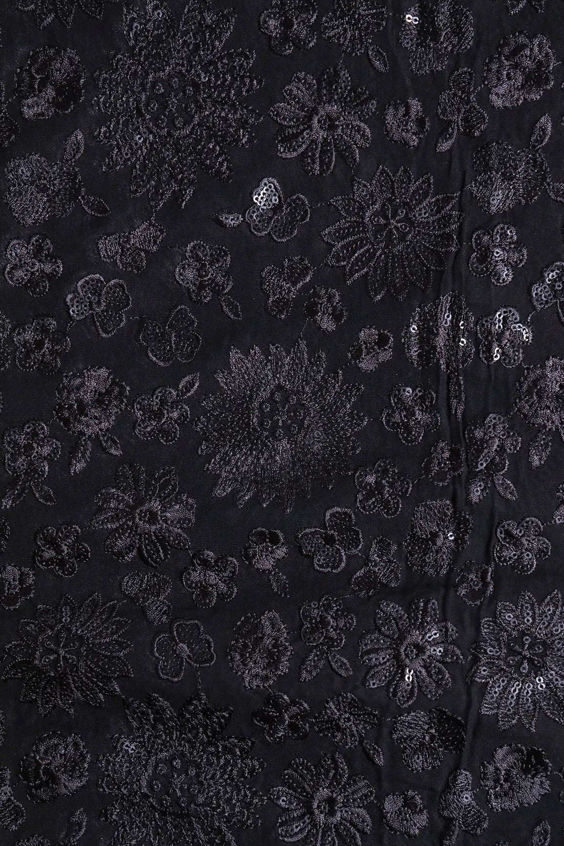 AIzaSyBcstauz-XMPRhEY21AUzeo032pxrXB5Ug - Black Thread With Black Sequins Floral Embroidery Work On Black Viscose Georgette Fabric