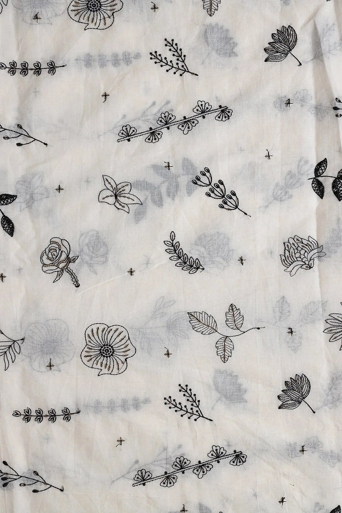 AIzaSyBcstauz-XMPRhEY21AUzeo032pxrXB5Ug - Black Thread With Gold Sequins Floral Embroidery Work On Off White Organic Cotton Fabric