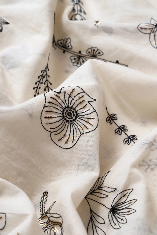 AIzaSyBcstauz-XMPRhEY21AUzeo032pxrXB5Ug - Black Thread With Gold Sequins Floral Embroidery Work On Off White Organic Cotton Fabric