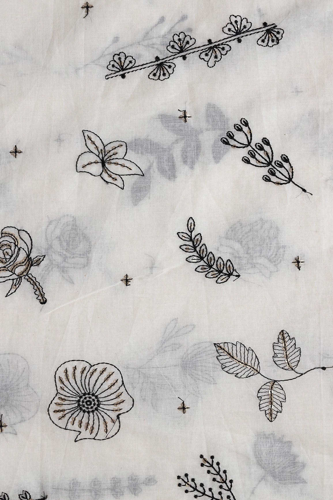 AIzaSyBcstauz-XMPRhEY21AUzeo032pxrXB5Ug - Black Thread With Gold Sequins Floral Embroidery Work On Off White Organic Cotton Fabric