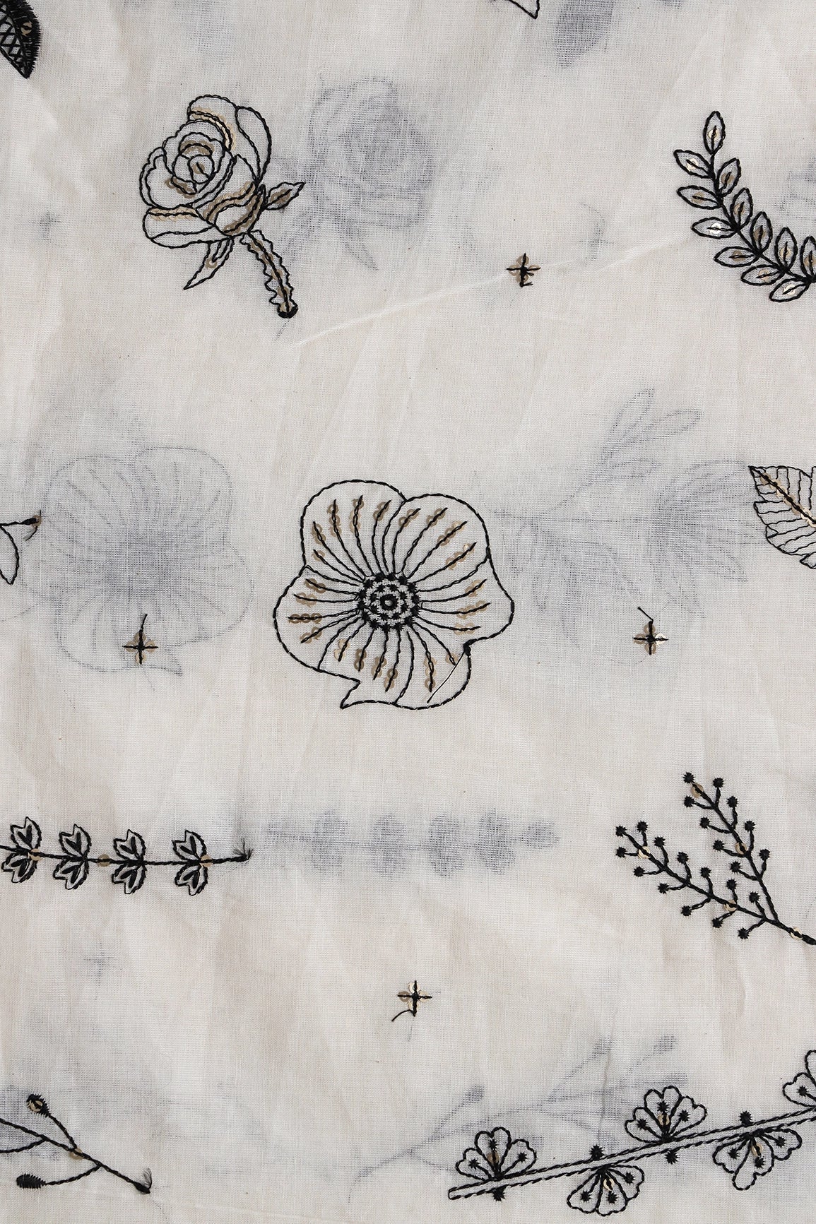 AIzaSyBcstauz-XMPRhEY21AUzeo032pxrXB5Ug - Black Thread With Gold Sequins Floral Embroidery Work On Off White Organic Cotton Fabric