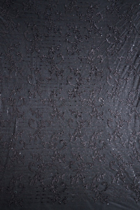 AIzaSyBcstauz-XMPRhEY21AUzeo032pxrXB5Ug - Black Thread With Sequins Abstract Embroidery Work On Black Soft Net Fabric