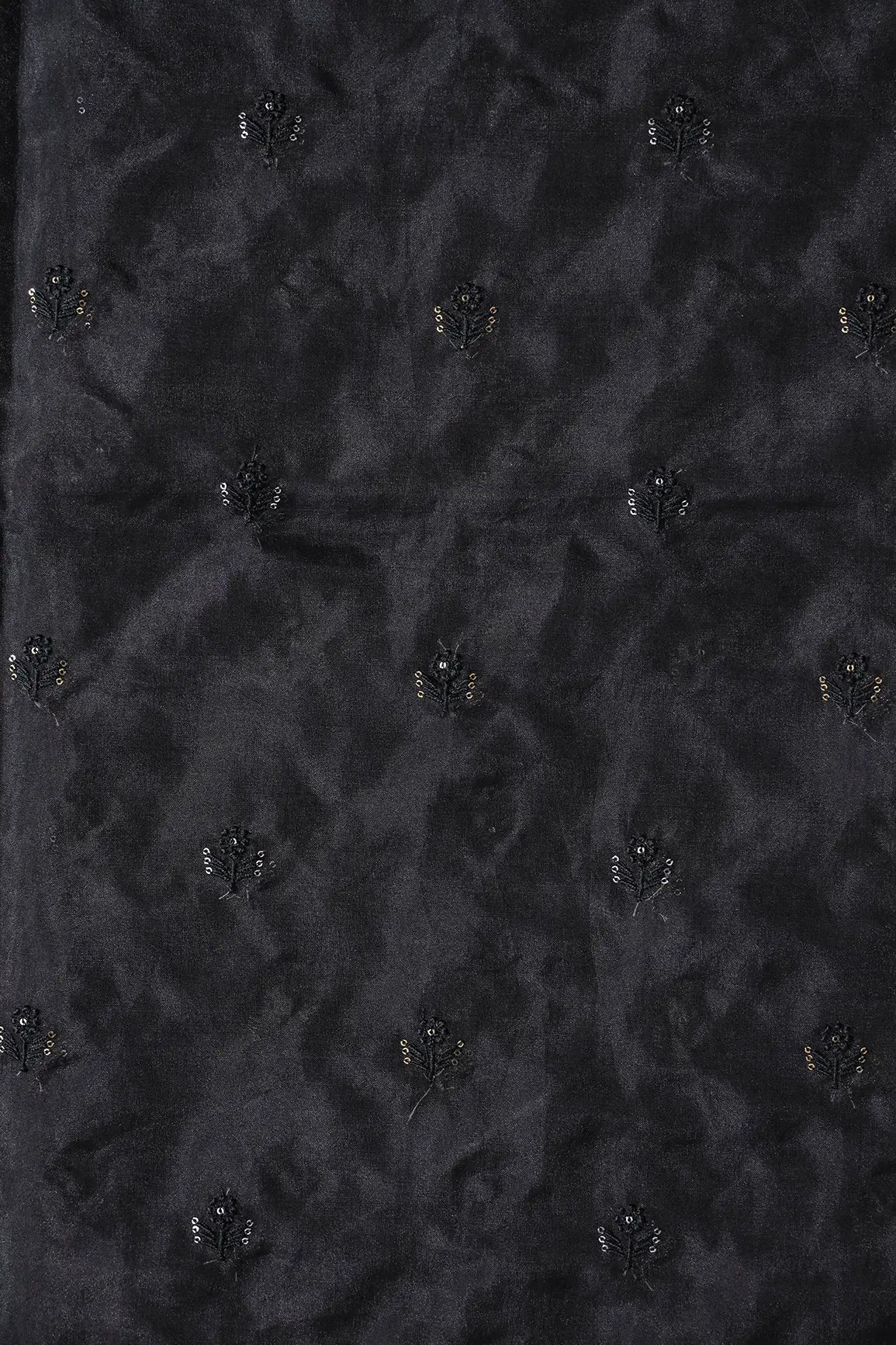 AIzaSyBcstauz-XMPRhEY21AUzeo032pxrXB5Ug - Black Thread With Sequins Beautiful Small Floral Motif Embroidery Work On Black Organza Fabric