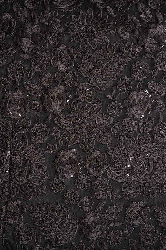 AIzaSyBcstauz-XMPRhEY21AUzeo032pxrXB5Ug - Black Thread With Sequins Heavy Floral Embroidery On Black Soft Net Fabric