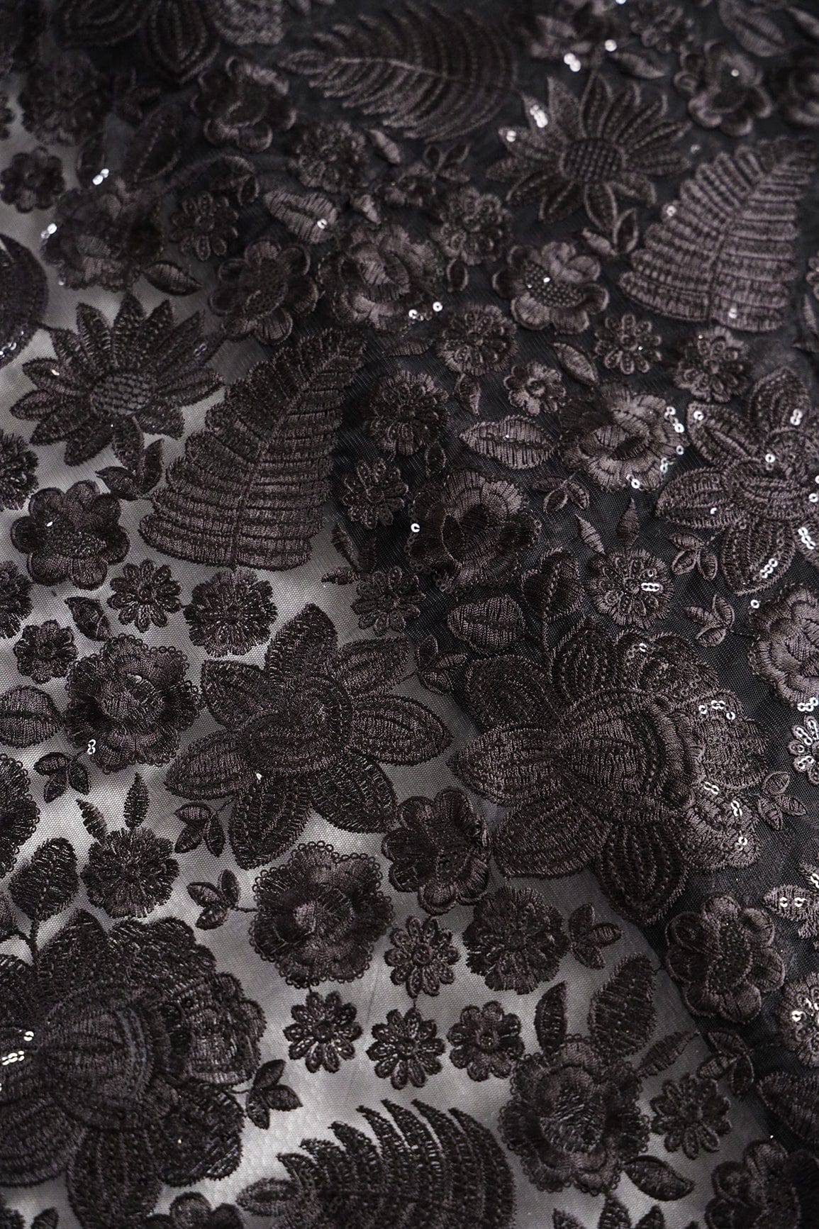 AIzaSyBcstauz-XMPRhEY21AUzeo032pxrXB5Ug - Black Thread With Sequins Heavy Floral Embroidery On Black Soft Net Fabric