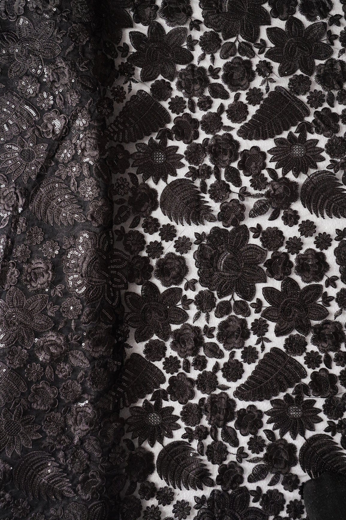 AIzaSyBcstauz-XMPRhEY21AUzeo032pxrXB5Ug - Black Thread With Sequins Heavy Floral Embroidery On Black Soft Net Fabric
