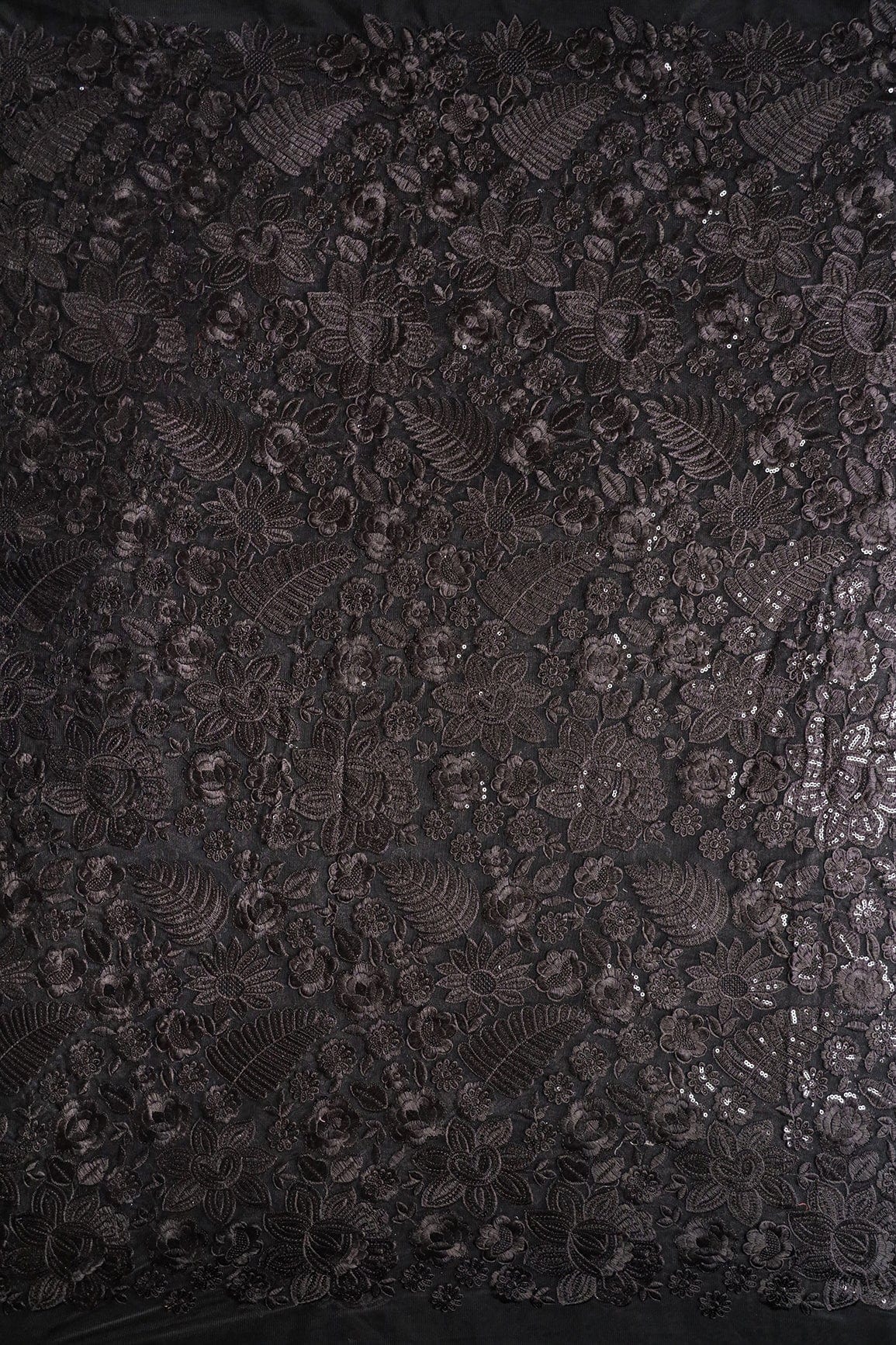 AIzaSyBcstauz-XMPRhEY21AUzeo032pxrXB5Ug - Black Thread With Sequins Heavy Floral Embroidery On Black Soft Net Fabric