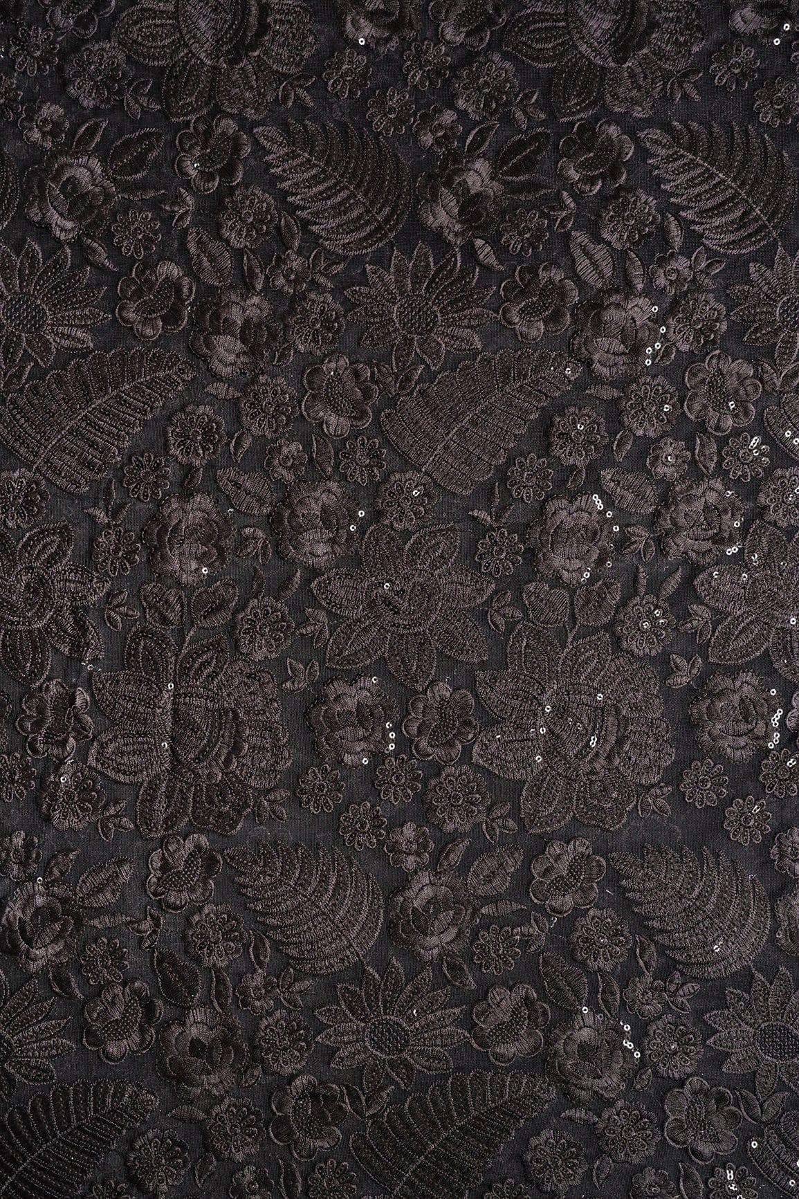 AIzaSyBcstauz-XMPRhEY21AUzeo032pxrXB5Ug - Black Thread With Sequins Heavy Floral Embroidery On Black Soft Net Fabric