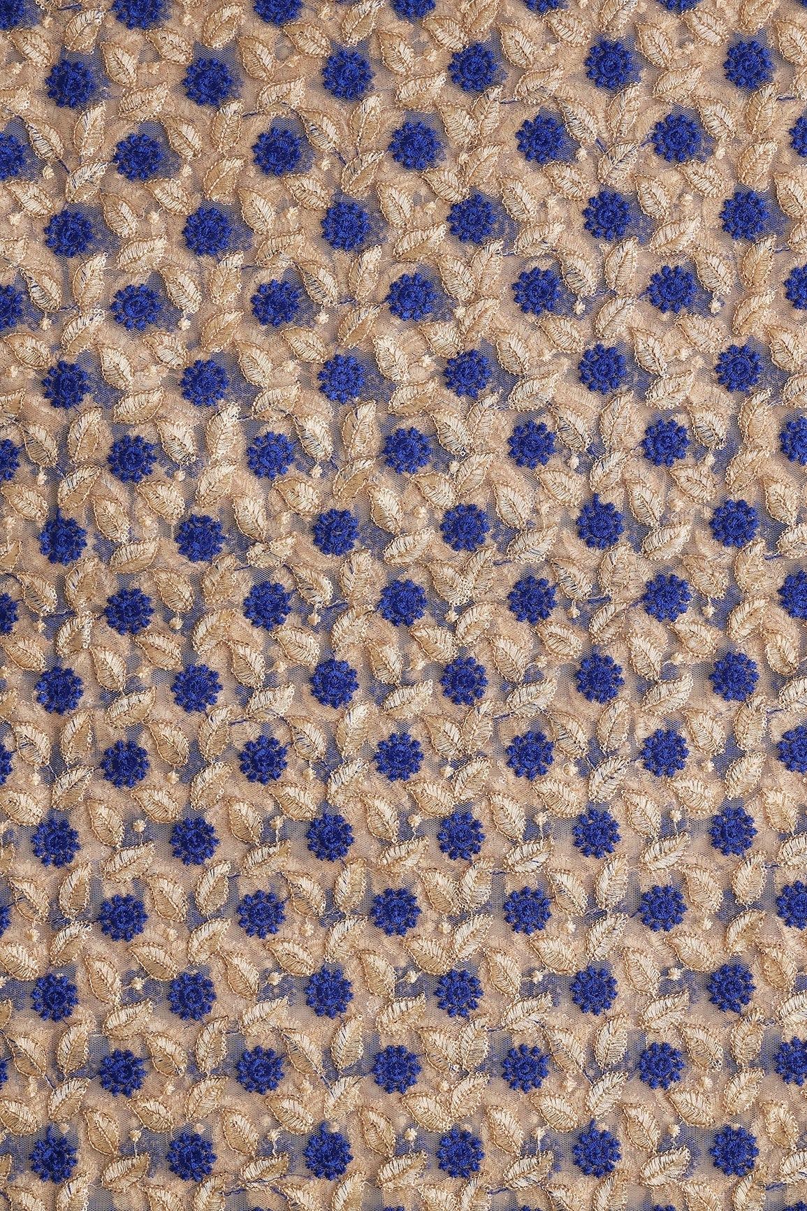 AIzaSyBcstauz-XMPRhEY21AUzeo032pxrXB5Ug - Blue And Beige Thread With Sequins Leafy Embroidery On Beige Soft Net Fabric