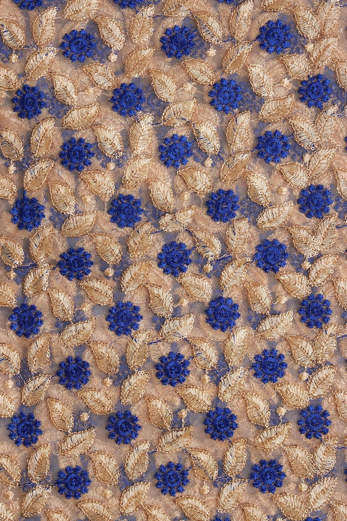 AIzaSyBcstauz-XMPRhEY21AUzeo032pxrXB5Ug - Blue And Beige Thread With Sequins Leafy Embroidery On Beige Soft Net Fabric