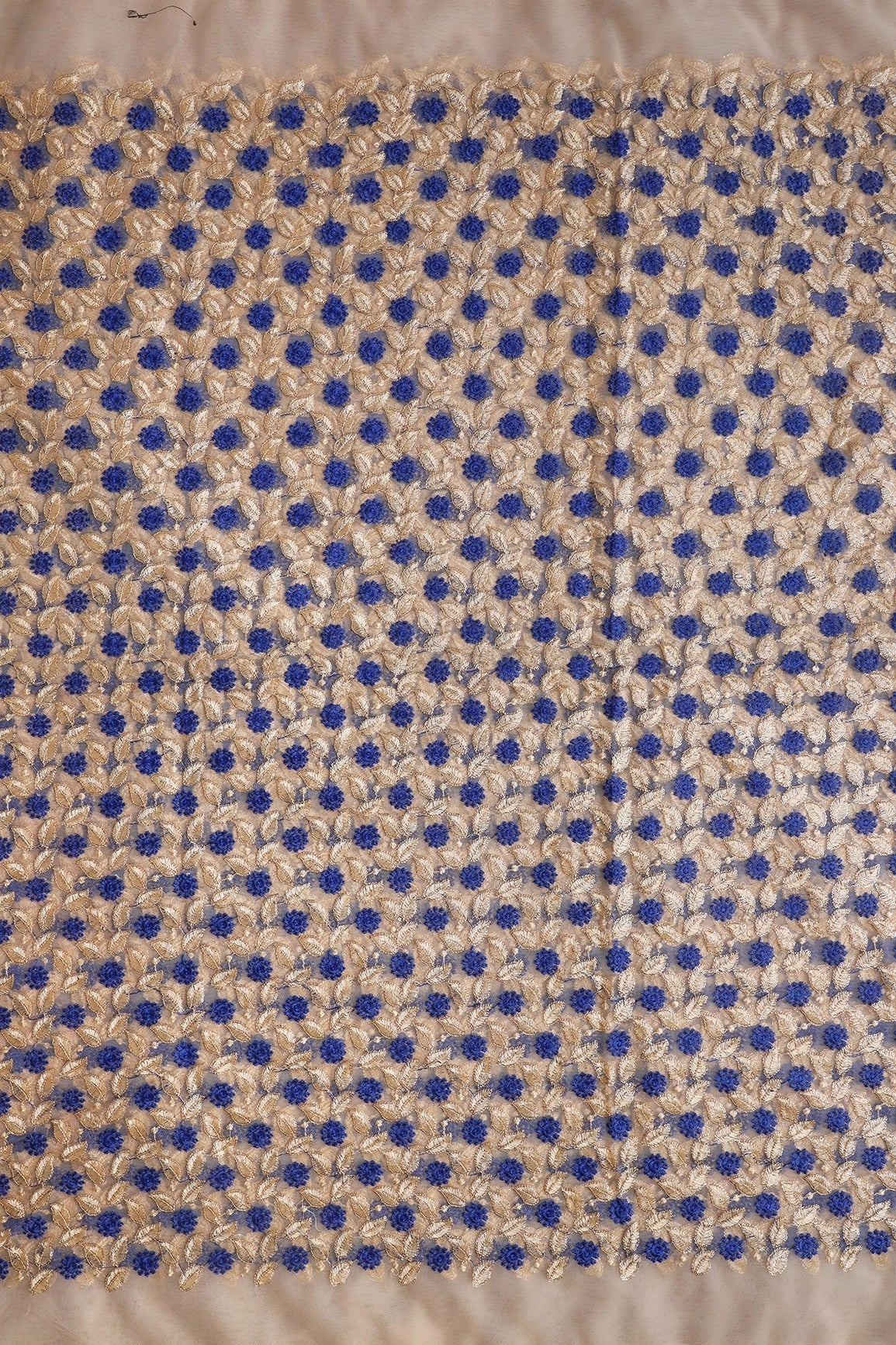 AIzaSyBcstauz-XMPRhEY21AUzeo032pxrXB5Ug - Blue And Beige Thread With Sequins Leafy Embroidery On Beige Soft Net Fabric