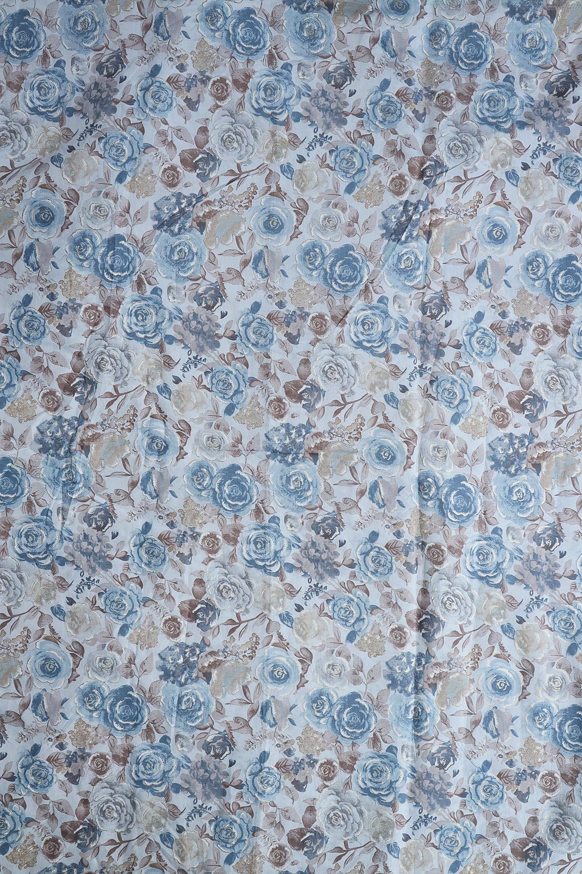 AIzaSyBcstauz-XMPRhEY21AUzeo032pxrXB5Ug - Blue And Brown Floral Foil Print On Pastel Blue Viscose Chanderi Silk Fabric
