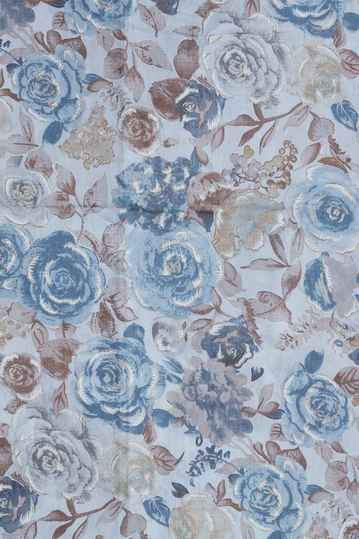 AIzaSyBcstauz-XMPRhEY21AUzeo032pxrXB5Ug - Blue And Brown Floral Foil Print On Pastel Blue Viscose Chanderi Silk Fabric