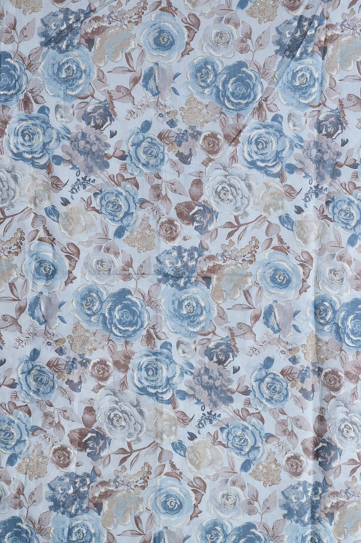 AIzaSyBcstauz-XMPRhEY21AUzeo032pxrXB5Ug - Blue And Brown Floral Foil Print On Pastel Blue Viscose Chanderi Silk Fabric