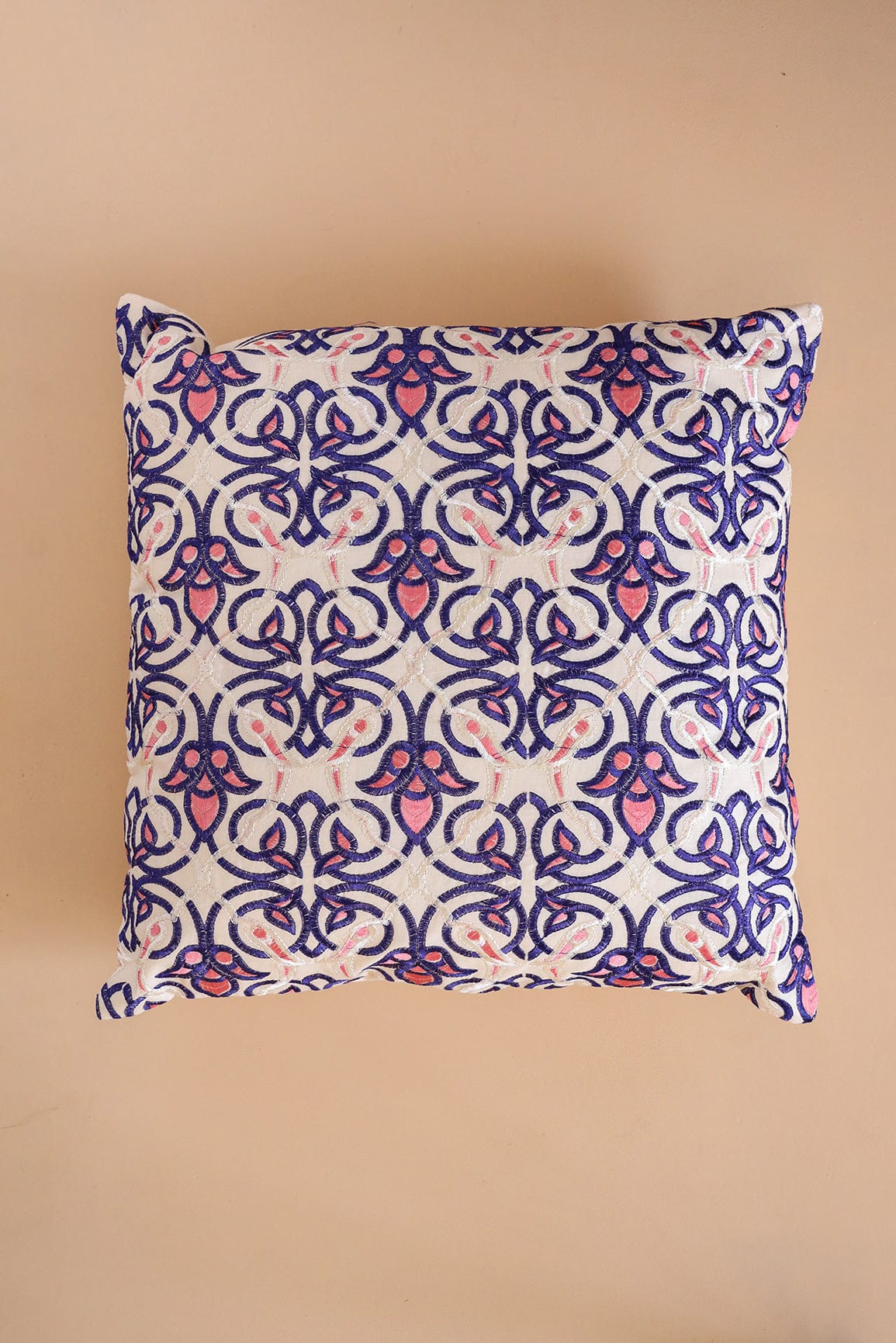 AIzaSyBcstauz-XMPRhEY21AUzeo032pxrXB5Ug - Blue and Pink Embroidery on off white cotton Cushion Cover (16*16 inches)