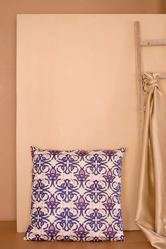 AIzaSyBcstauz-XMPRhEY21AUzeo032pxrXB5Ug - Blue and Pink Embroidery on off white cotton Cushion Cover (16*16 inches)