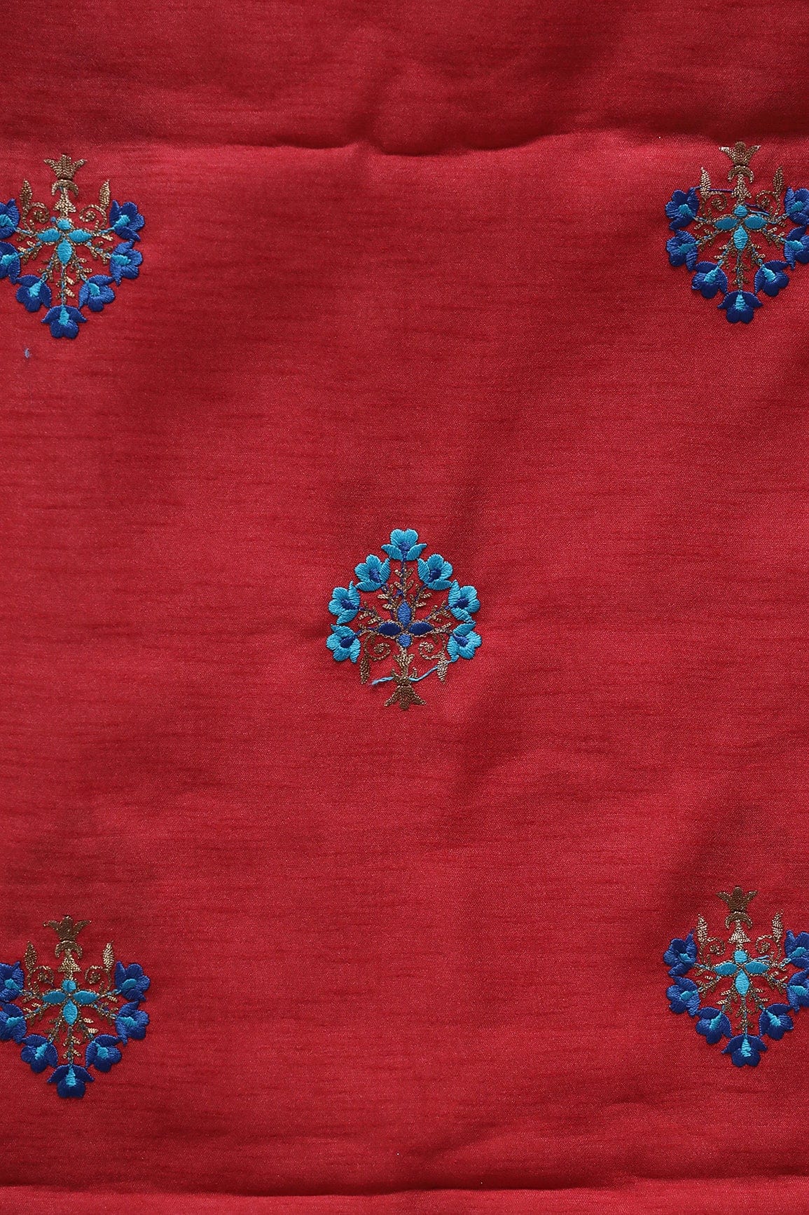 AIzaSyBcstauz-XMPRhEY21AUzeo032pxrXB5Ug - Blue Thread With Gold Zari Small Floral Embroidery Work On Red Banglori Satin Fabric