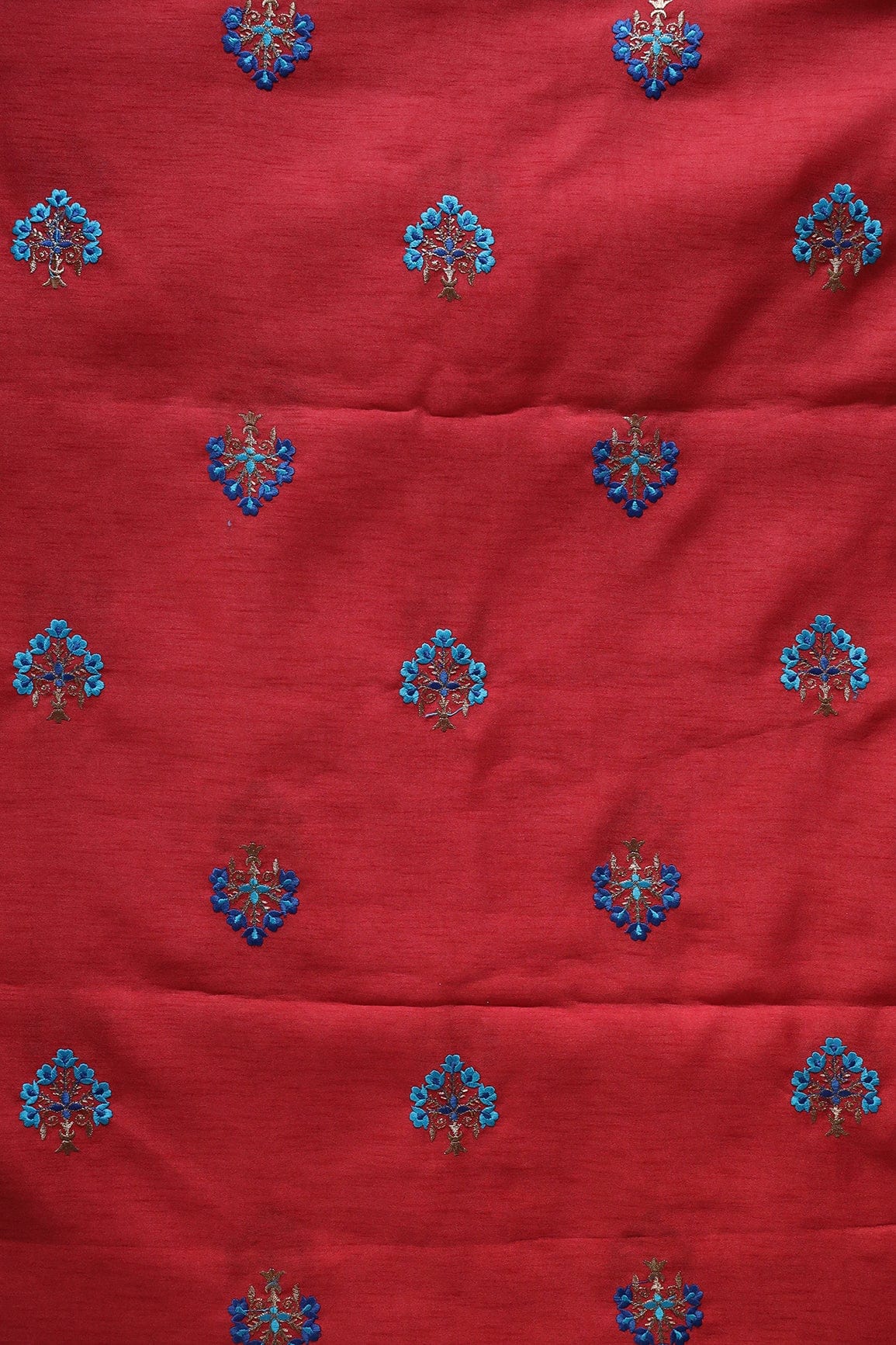 AIzaSyBcstauz-XMPRhEY21AUzeo032pxrXB5Ug - Blue Thread With Gold Zari Small Floral Embroidery Work On Red Banglori Satin Fabric