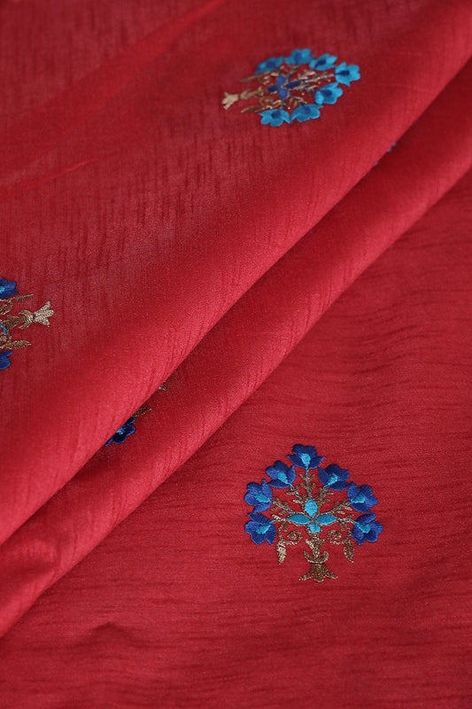 AIzaSyBcstauz-XMPRhEY21AUzeo032pxrXB5Ug - Blue Thread With Gold Zari Small Floral Embroidery Work On Red Banglori Satin Fabric