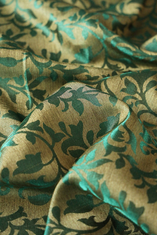 AIzaSyBcstauz-XMPRhEY21AUzeo032pxrXB5Ug - Bottle Green Leafy Silk Satin Jute Banarasi Jacquard Fabric