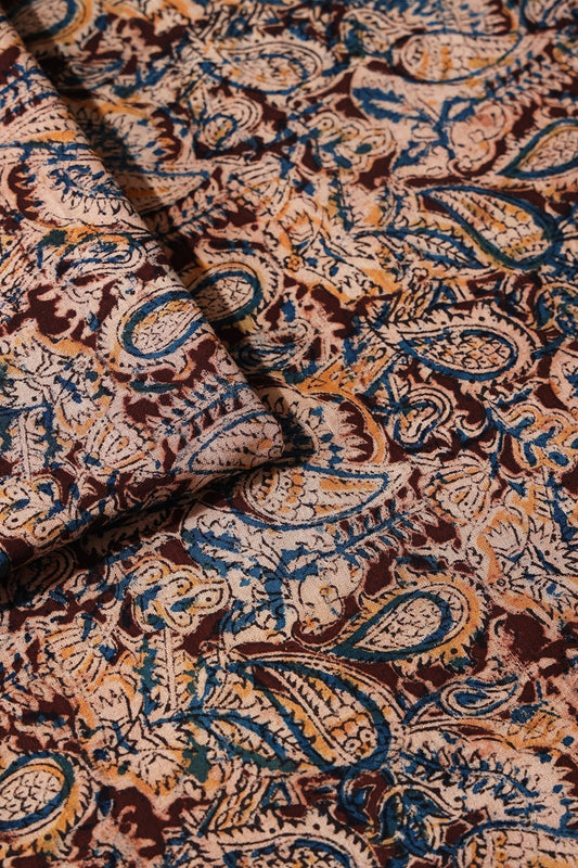 AIzaSyBcstauz-XMPRhEY21AUzeo032pxrXB5Ug - Brown And Beige Floral Pattern Handblock Kalamkari Organic Cotton Fabric