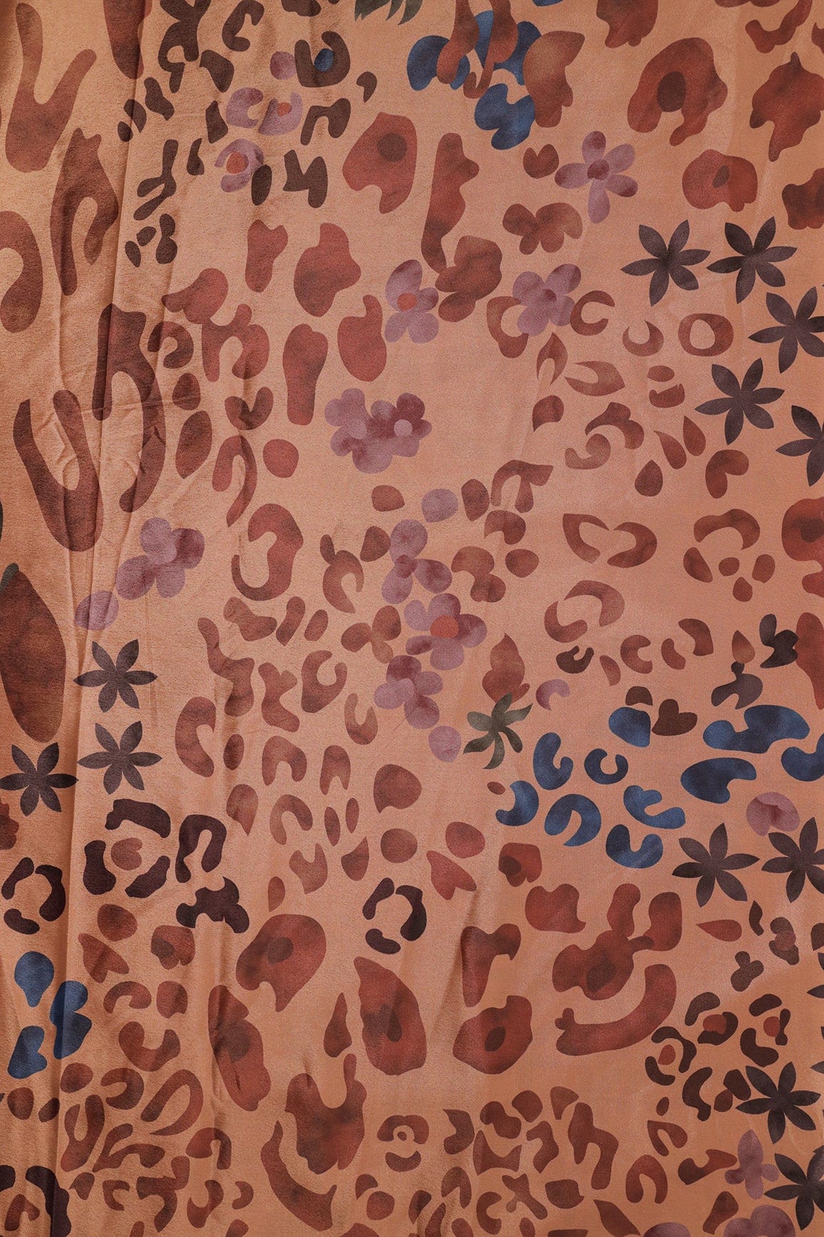 AIzaSyBcstauz-XMPRhEY21AUzeo032pxrXB5Ug - Brown And Blue Abstract Print On Pastel Orange Crepe Fabric