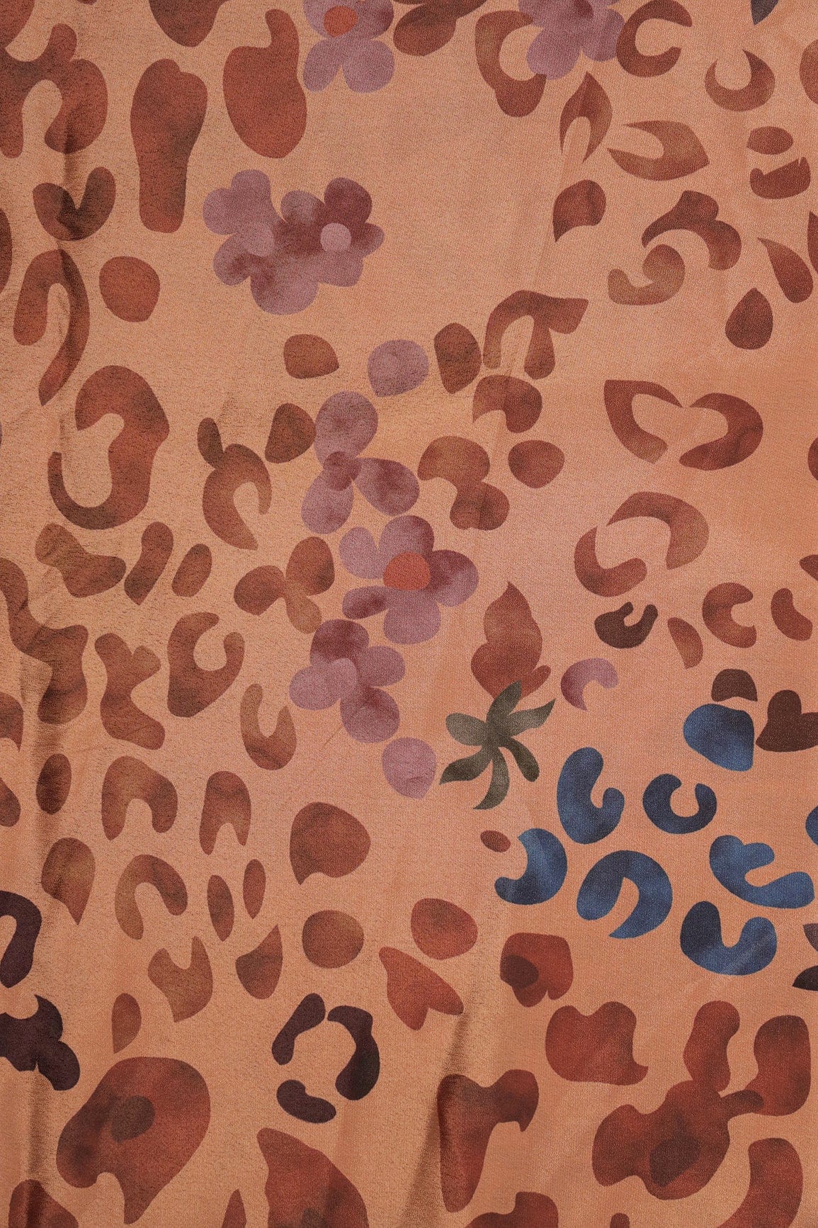 AIzaSyBcstauz-XMPRhEY21AUzeo032pxrXB5Ug - Brown And Blue Abstract Print On Pastel Orange Crepe Fabric
