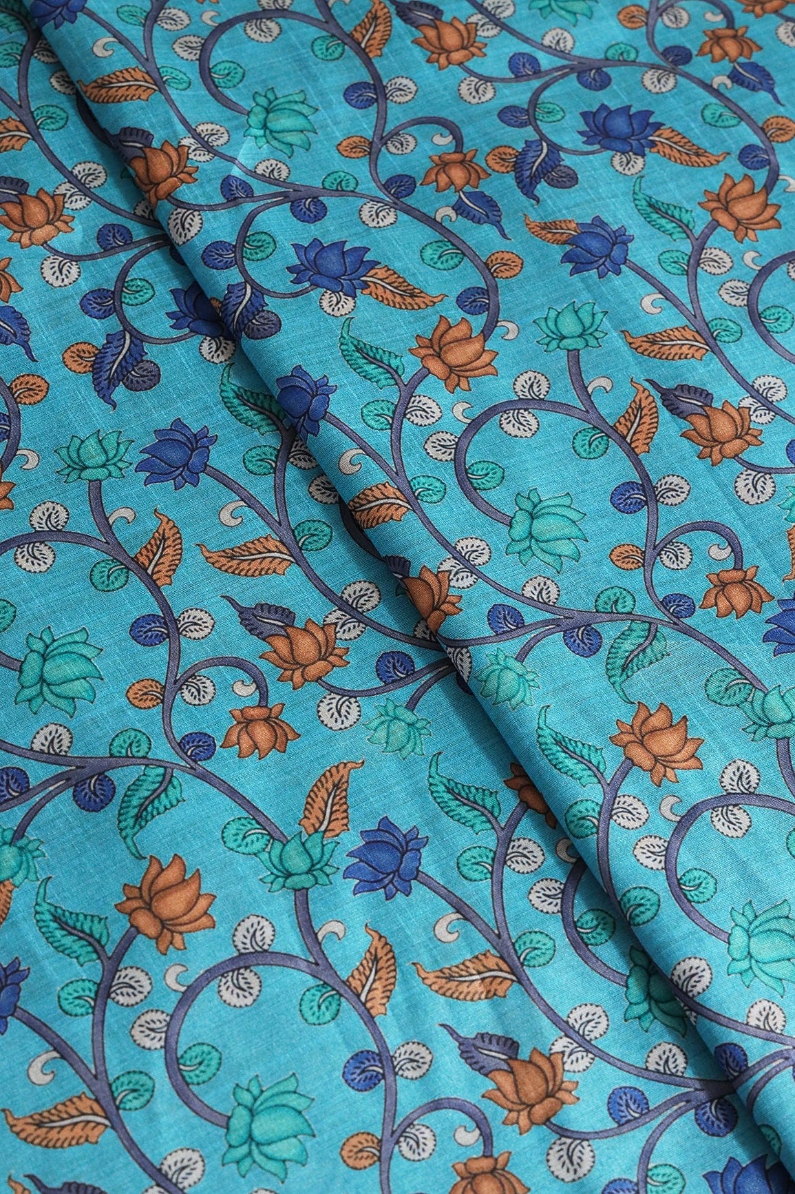 AIzaSyBcstauz-XMPRhEY21AUzeo032pxrXB5Ug - Brown And Blue Color Floral Pattern Digital Print On Cerulean Blue Mulberry Silk Fabric