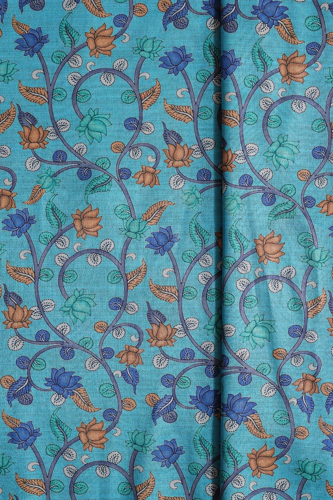 AIzaSyBcstauz-XMPRhEY21AUzeo032pxrXB5Ug - Brown And Blue Color Floral Pattern Digital Print On Cerulean Blue Mulberry Silk Fabric