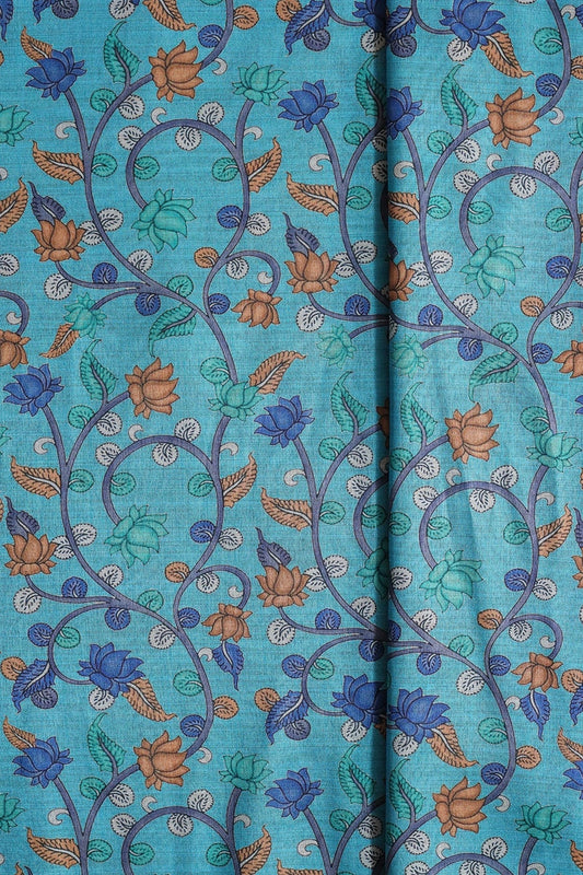 AIzaSyBcstauz-XMPRhEY21AUzeo032pxrXB5Ug - Brown And Blue Color Floral Pattern Digital Print On Cerulean Blue Mulberry Silk Fabric