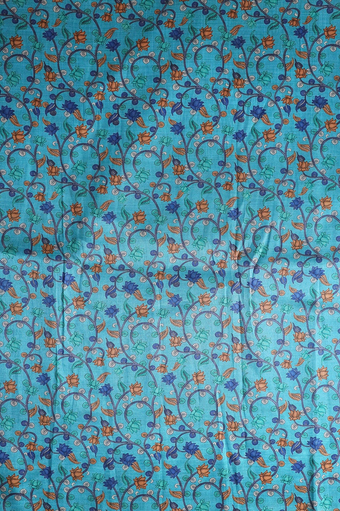 AIzaSyBcstauz-XMPRhEY21AUzeo032pxrXB5Ug - Brown And Blue Color Floral Pattern Digital Print On Cerulean Blue Mulberry Silk Fabric