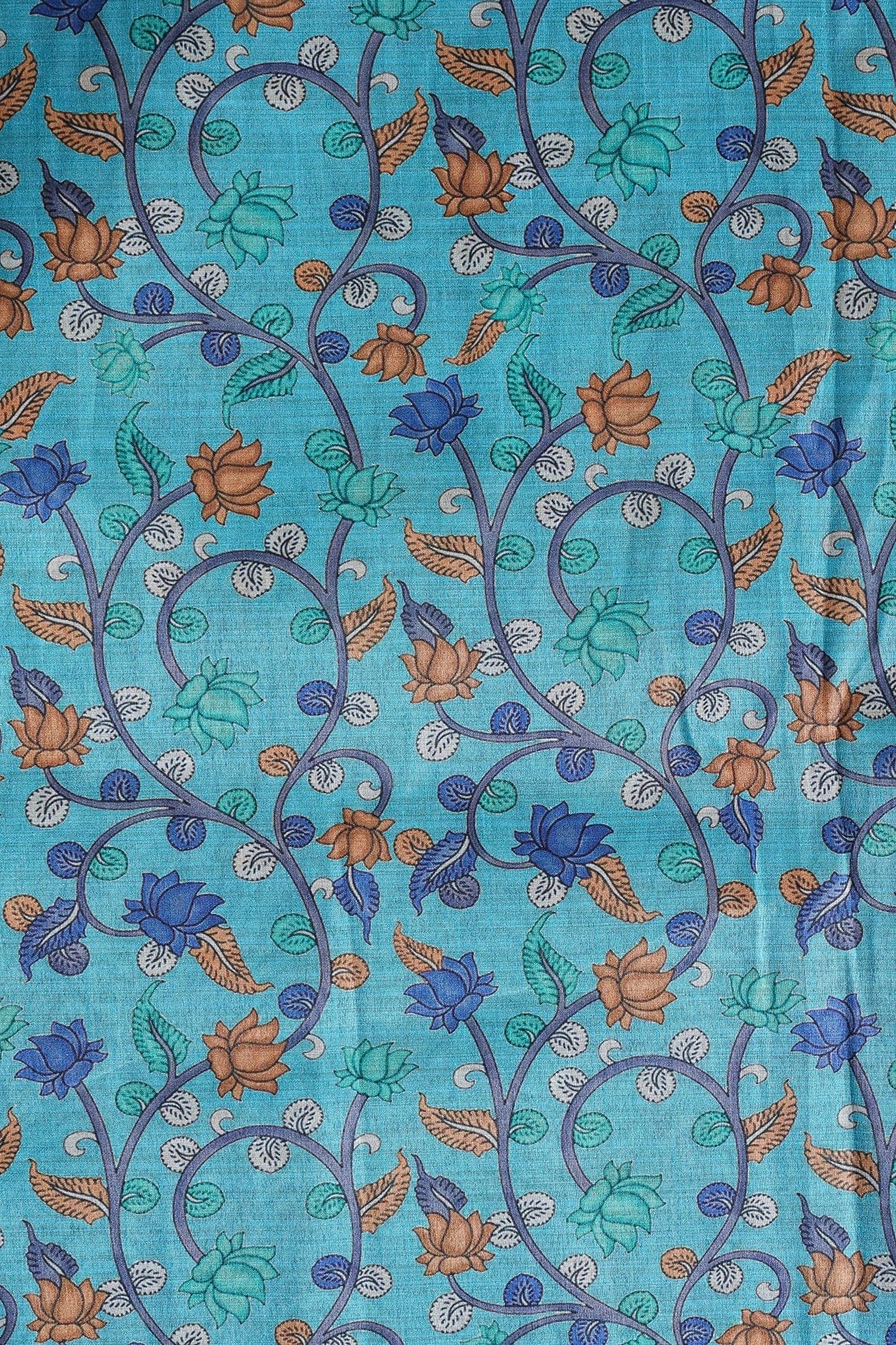 AIzaSyBcstauz-XMPRhEY21AUzeo032pxrXB5Ug - Brown And Blue Color Floral Pattern Digital Print On Cerulean Blue Mulberry Silk Fabric