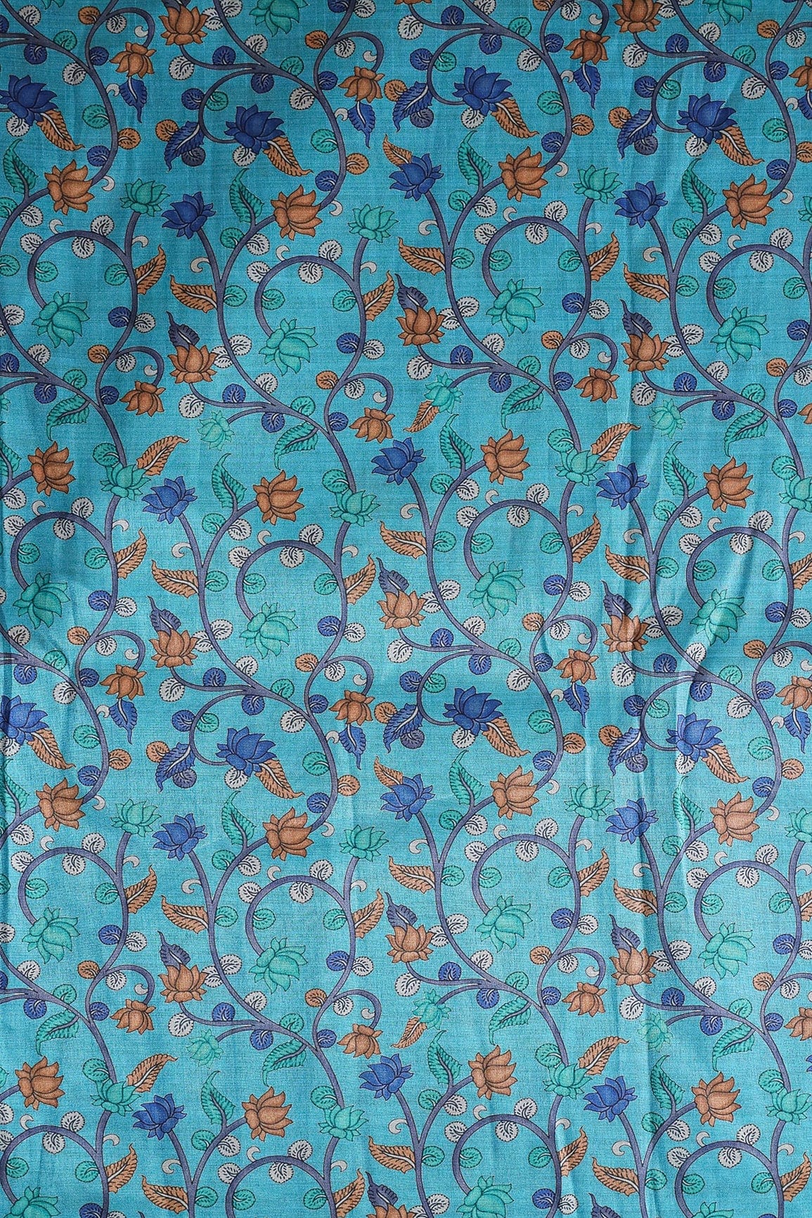 AIzaSyBcstauz-XMPRhEY21AUzeo032pxrXB5Ug - Brown And Blue Color Floral Pattern Digital Print On Cerulean Blue Mulberry Silk Fabric