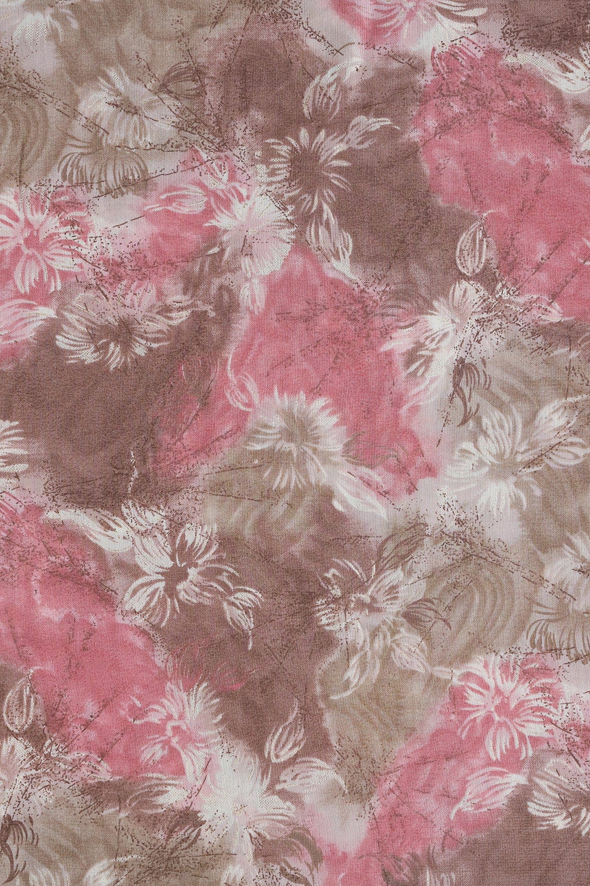 AIzaSyBcstauz-XMPRhEY21AUzeo032pxrXB5Ug - Brown And Cream Floral Foil Print On Viscose Chanderi Silk Fabric
