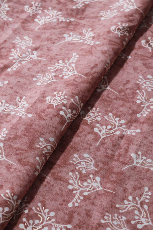 AIzaSyBcstauz-XMPRhEY21AUzeo032pxrXB5Ug - Brown And Cream Floral Foil Print On Viscose Chanderi Silk Fabric