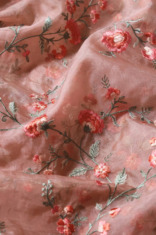 AIzaSyBcstauz-XMPRhEY21AUzeo032pxrXB5Ug - Brown And Light Green Thread Floral Embroidery Work On Almond Brown Organza Fabric