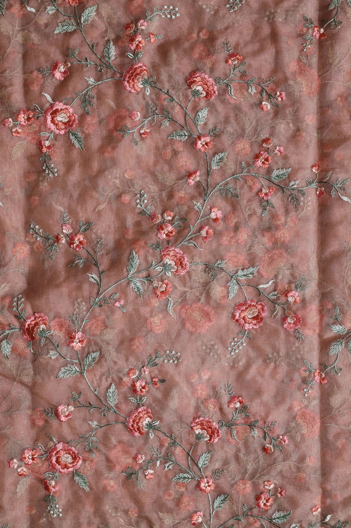 AIzaSyBcstauz-XMPRhEY21AUzeo032pxrXB5Ug - Brown And Light Green Thread Floral Embroidery Work On Almond Brown Organza Fabric