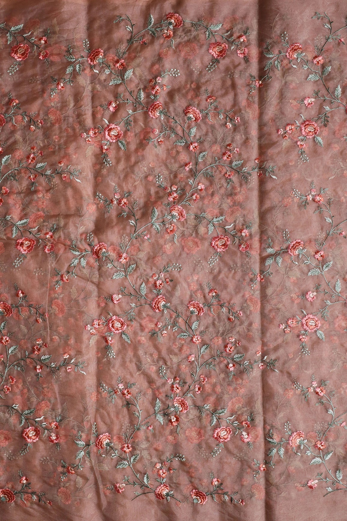 AIzaSyBcstauz-XMPRhEY21AUzeo032pxrXB5Ug - Brown And Light Green Thread Floral Embroidery Work On Almond Brown Organza Fabric