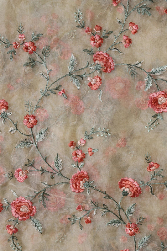 AIzaSyBcstauz-XMPRhEY21AUzeo032pxrXB5Ug - Brown And Light Green Thread Floral Embroidery Work On Light Beige Organza Fabric