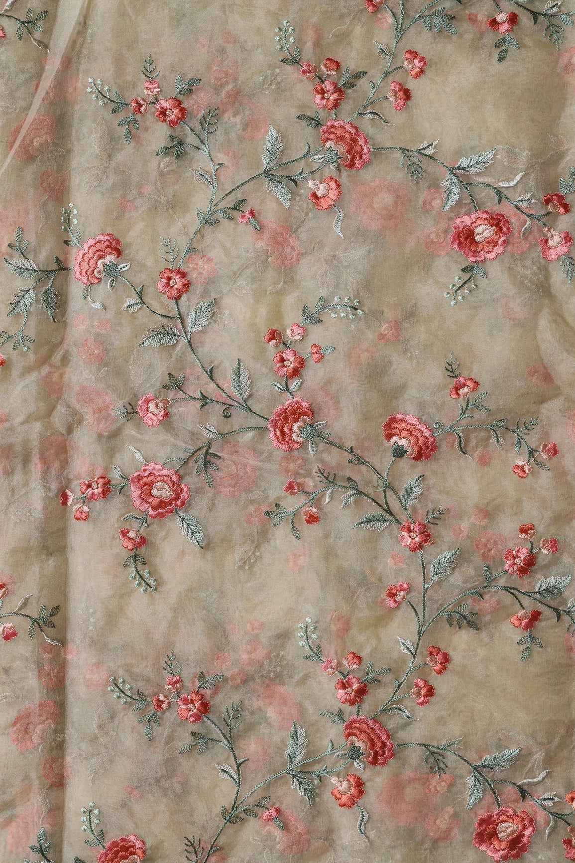 AIzaSyBcstauz-XMPRhEY21AUzeo032pxrXB5Ug - Brown And Light Green Thread Floral Embroidery Work On Light Beige Organza Fabric