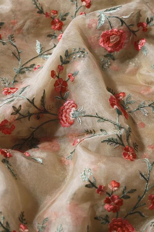 AIzaSyBcstauz-XMPRhEY21AUzeo032pxrXB5Ug - Brown And Light Green Thread Floral Embroidery Work On Light Beige Organza Fabric