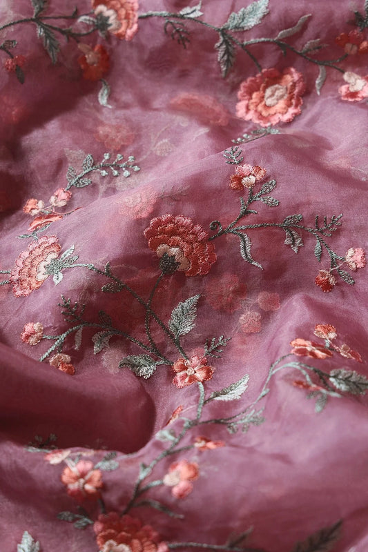 AIzaSyBcstauz-XMPRhEY21AUzeo032pxrXB5Ug - Brown And Light Green Thread Floral Embroidery Work On Onion Pink Organza Fabric