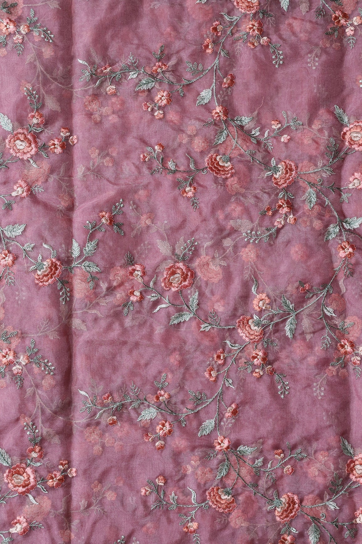 AIzaSyBcstauz-XMPRhEY21AUzeo032pxrXB5Ug - Brown And Light Green Thread Floral Embroidery Work On Onion Pink Organza Fabric