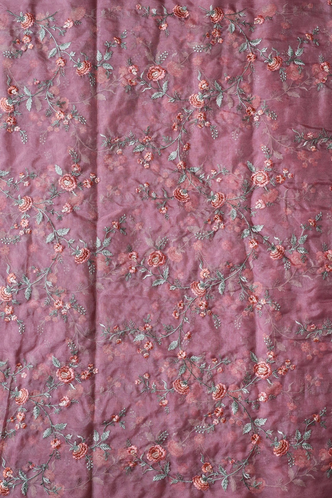 AIzaSyBcstauz-XMPRhEY21AUzeo032pxrXB5Ug - Brown And Light Green Thread Floral Embroidery Work On Onion Pink Organza Fabric