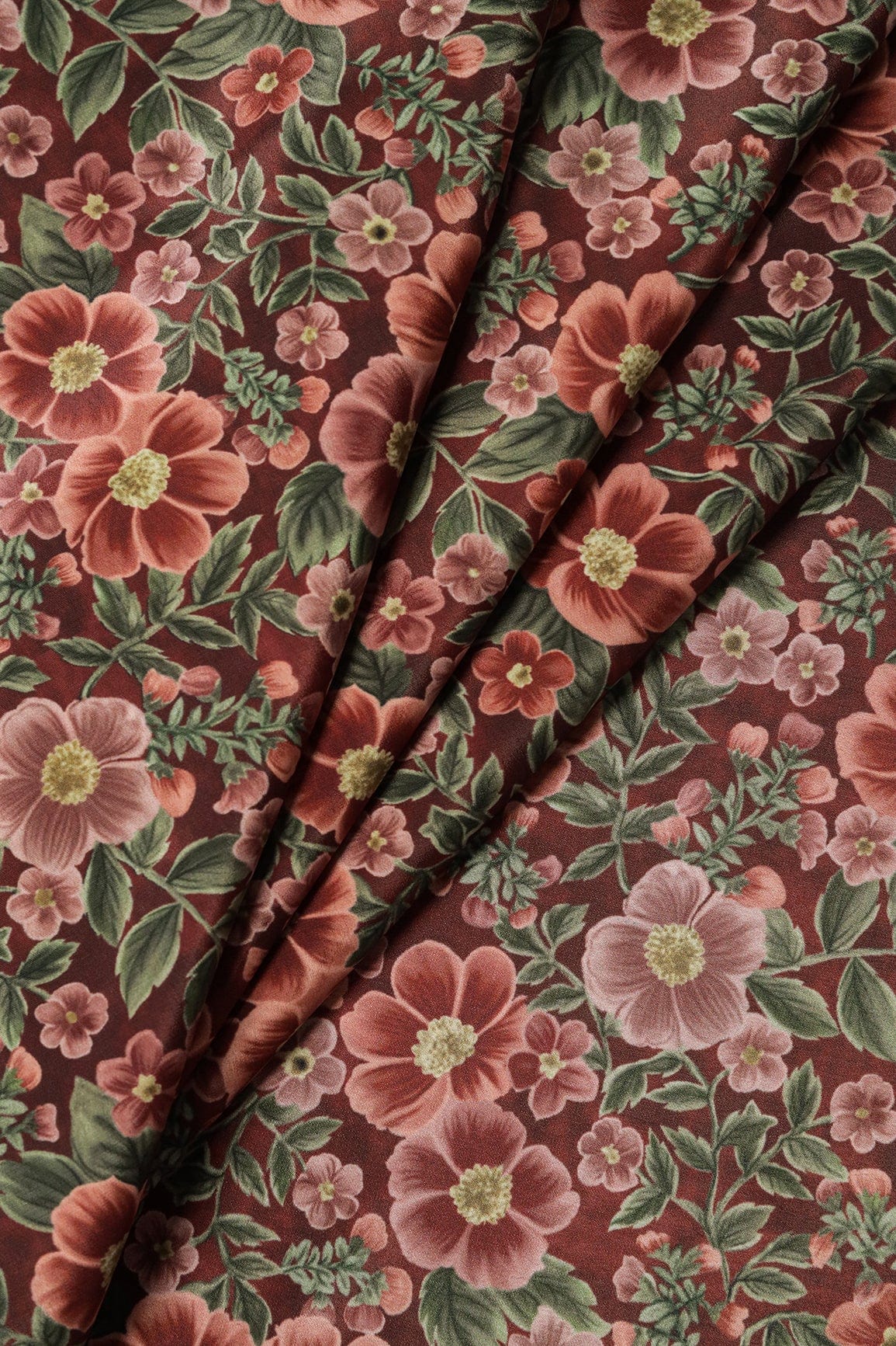 AIzaSyBcstauz-XMPRhEY21AUzeo032pxrXB5Ug - Brown And Olive Floral Digital Print On Dark Brown Crepe Fabric