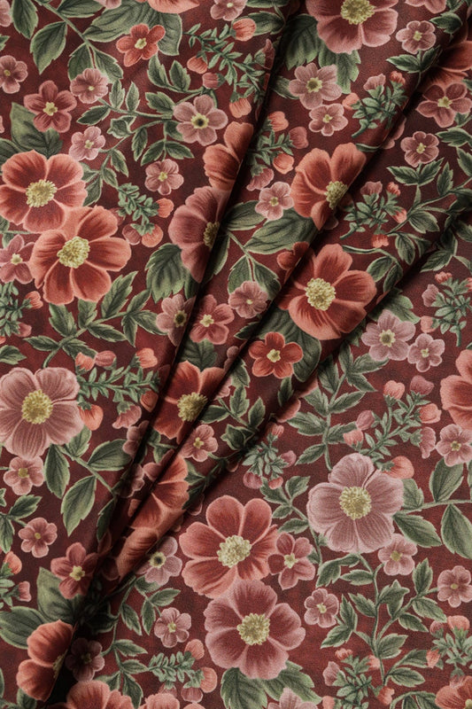 AIzaSyBcstauz-XMPRhEY21AUzeo032pxrXB5Ug - Brown And Olive Floral Digital Print On Dark Brown Crepe Fabric