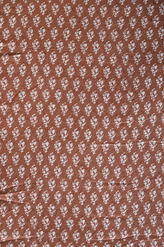 AIzaSyBcstauz-XMPRhEY21AUzeo032pxrXB5Ug - Brown And White Small Floral Pattern Screen Print On Pure Muslin Silk Fabric